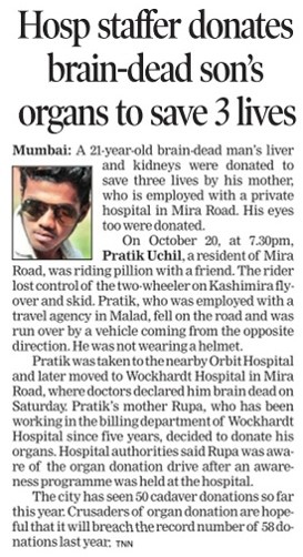 Hosp staffer donates brain-dead son's organs to save 3 lives